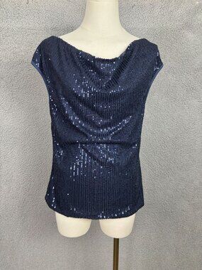 Sequined Navy Blue Sleeveless Top By Folunsi Cowl Neck Lined Size Small NWT's